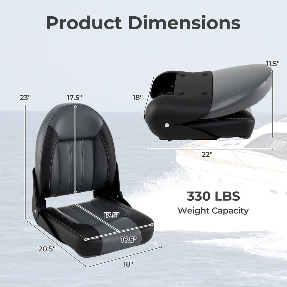 Folding high back boat chair dimensions with sponge padding, PVC leather, and 330 lbs weight capacity for durable.