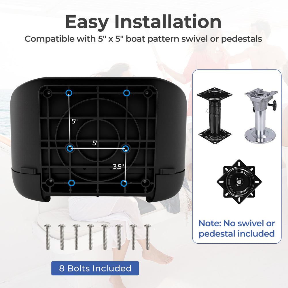 Folding high back boat chair base with fixing bolts, compatible with 5" x 5" swivel or pedestal mounts for easy.