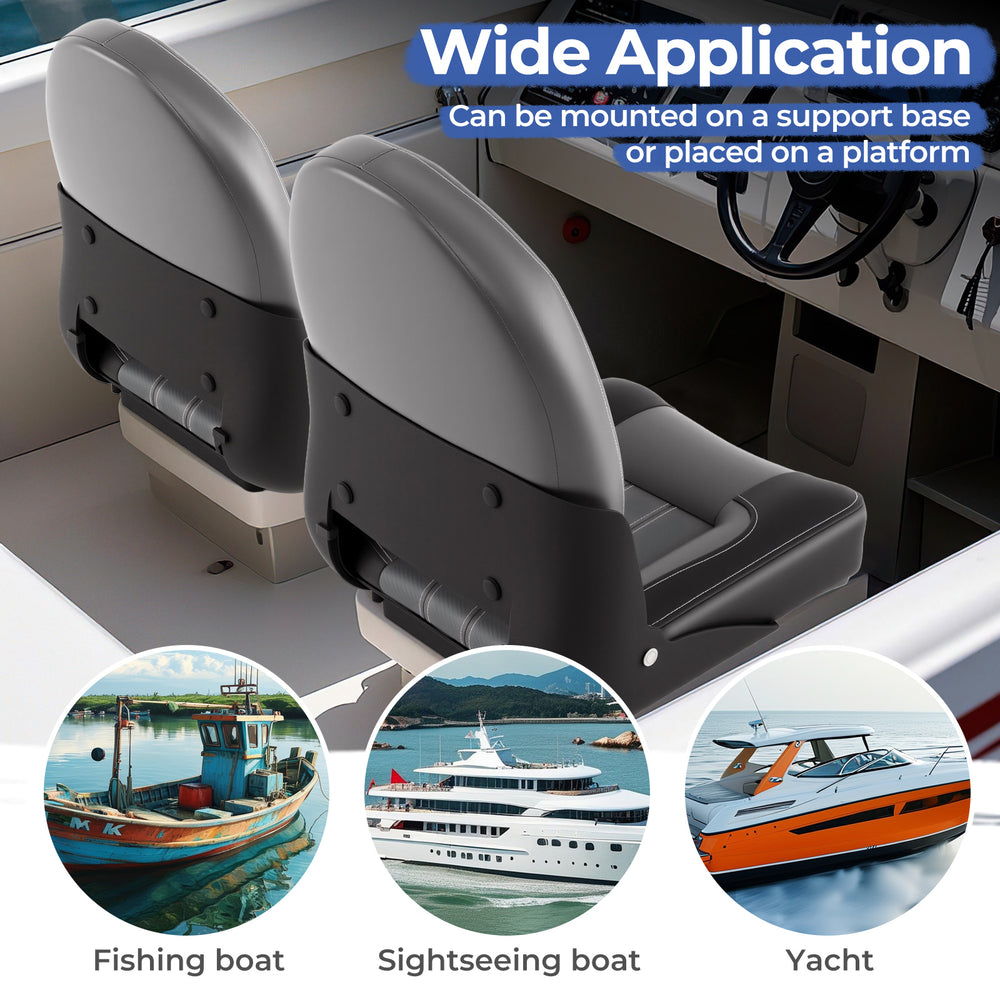 Folding high back boat chairs with sponge padding, black PVC leather, ideal for fishing, sightseeing, or yacht use.