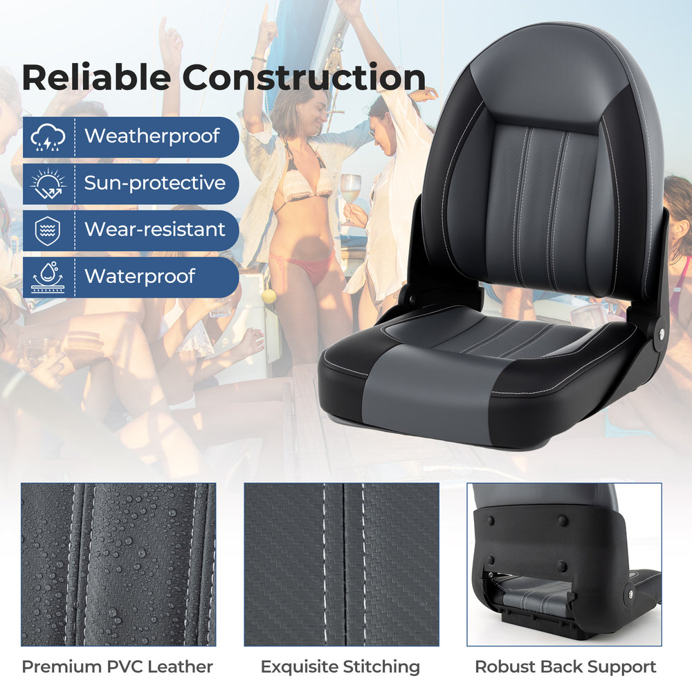Folding high back boat chair in black with PVC leather, sponge padding, and robust back support for comfortable seating.