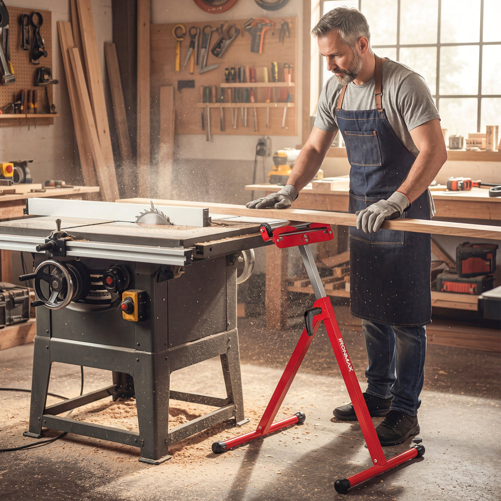 Folding roller stand in red with smooth roller heads, positioned for precise lumber feeding in a busy workshop.