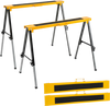 Folding saw horses in yellow with 12 adjustable heights, heavy-duty metal construction, and non-slip foot pads for stability.