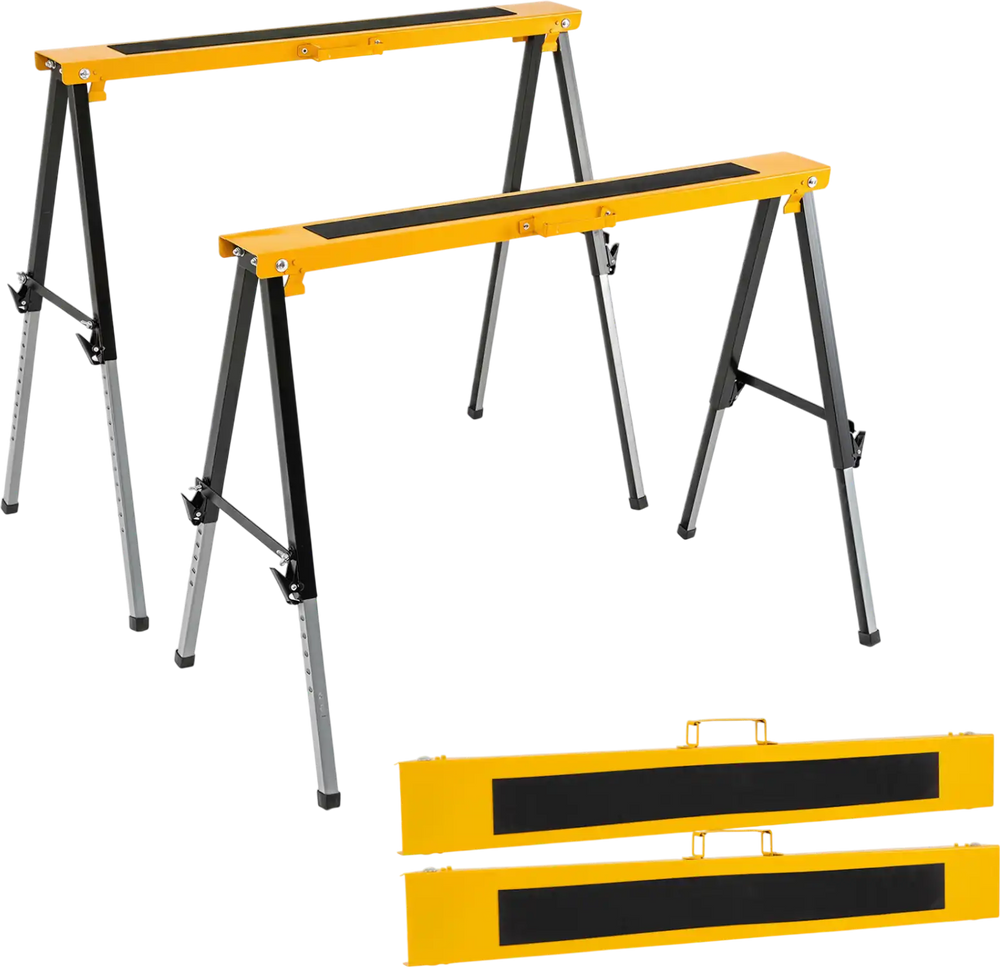 Folding saw horses in yellow with 12 adjustable heights, heavy-duty metal construction, and non-slip foot pads for stability.