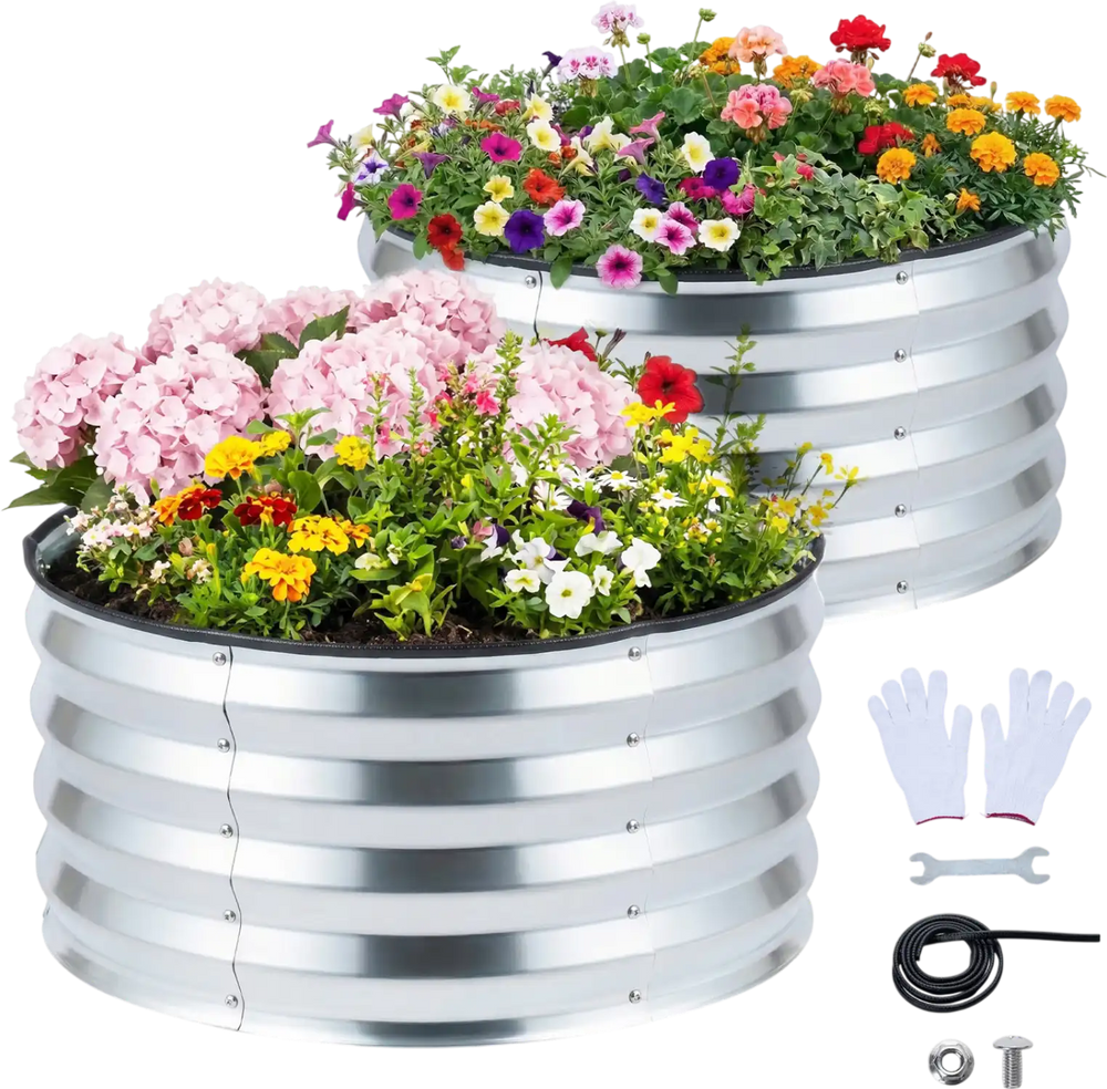 Galvanized raised garden bed kit featuring corrugated metal design, open-ended base, and vibrant flowers for outdoor.