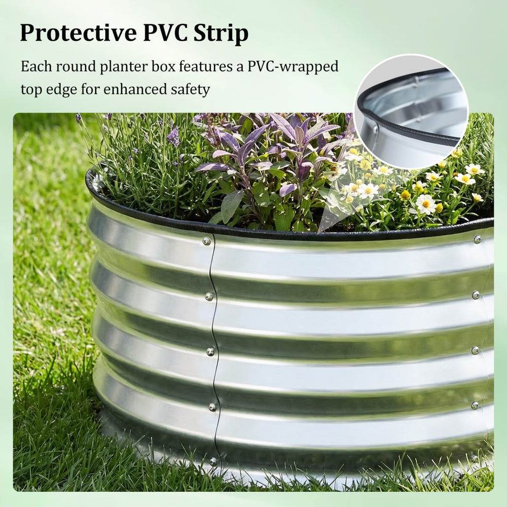 Round galvanized raised garden bed with PVC top edging, featuring a corrugated design for durability and safety.