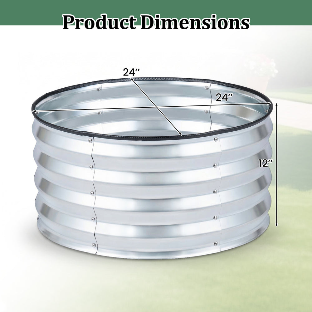 Round galvanized raised garden bed dimensions showing 24" diameter and 12" height, ideal for outdoor planting.
