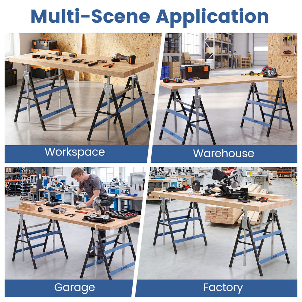 Heavy-duty metal folding saw horses in blue with adjustable height, perfect for workshops, garages, and factories.