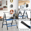 Heavy duty metal folding saw horses in blue with adjustable height, triangular structures, and anti-slip foot pads for stability.
