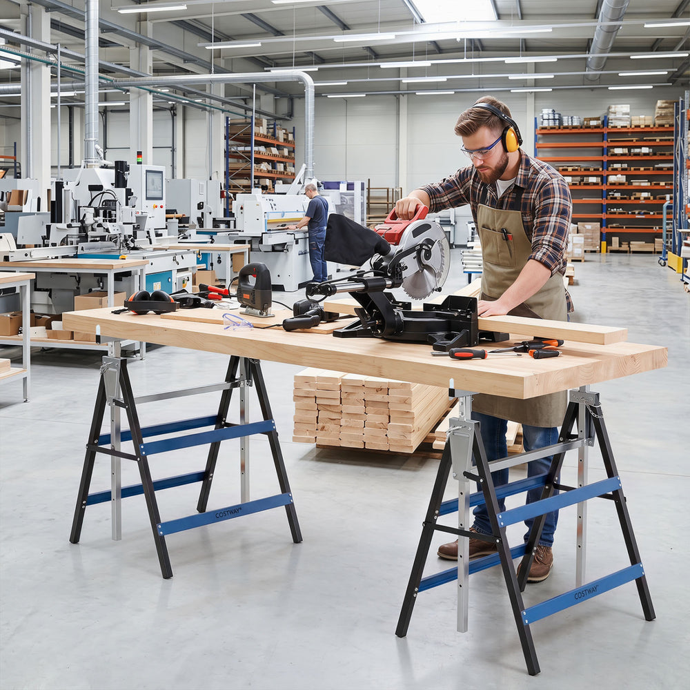 Heavy duty metal folding saw horses in blue with adjustable height, ideal for workshops and DIY projects.