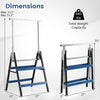Heavy duty metal folding saw horses in blue with adjustable height and 440 lbs weight capacity, ideal for workshops.