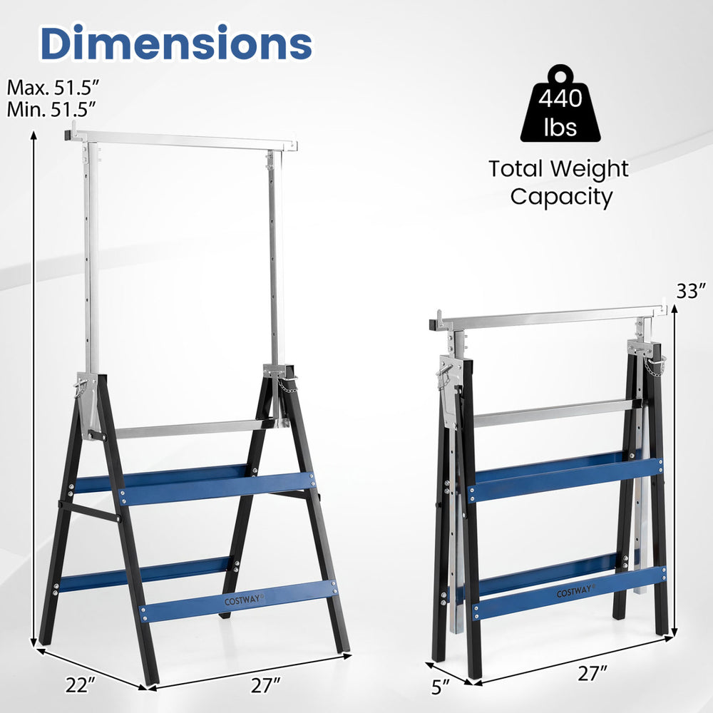 Heavy duty metal folding saw horses in blue with adjustable height and 440 lbs weight capacity, ideal for workshops.