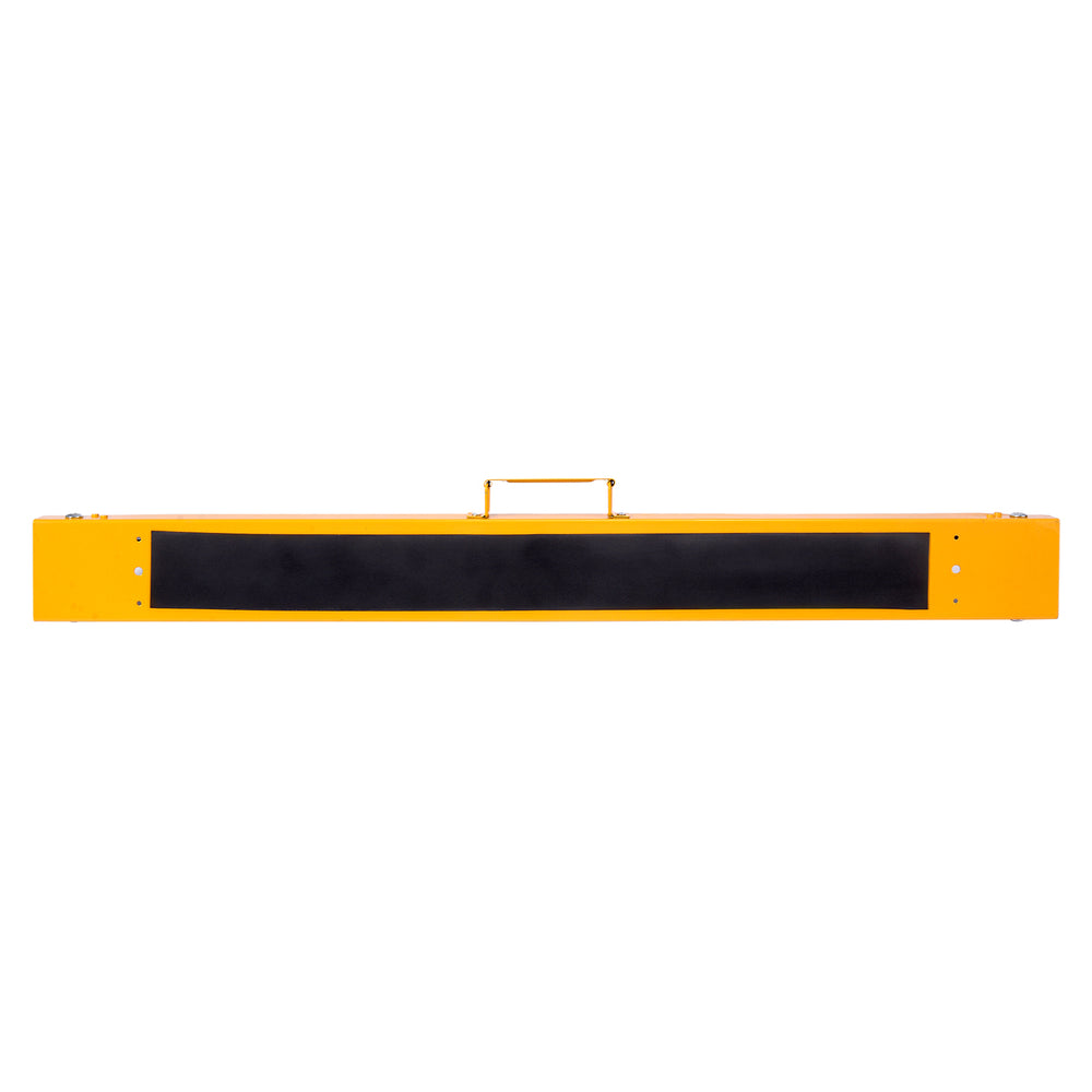 Heavy-duty yellow sawhorse with steel folding legs, designed for durability and portability, supports up to 275 lbs.