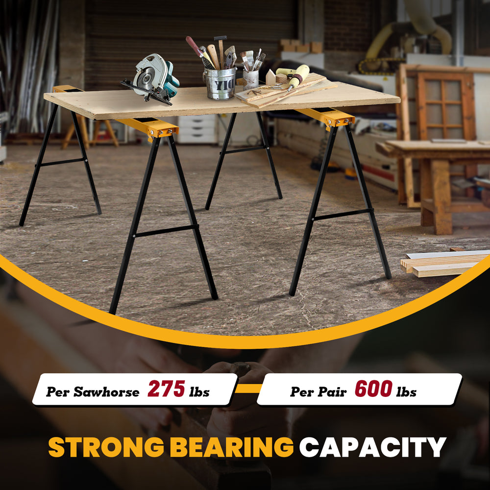 Heavy-duty steel sawhorse with folding legs, supports 275 lbs each, ideal for workspace convenience and durability.