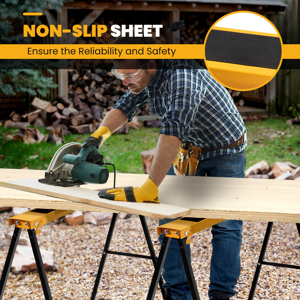 Heavy-duty sawhorse with steel folding legs, featuring a non-slip sheet for safety, ideal for woodworking projects.