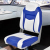 High back folding boat seat in blue and white with sponge cushion, designed for comfort and durability for outdoor use.