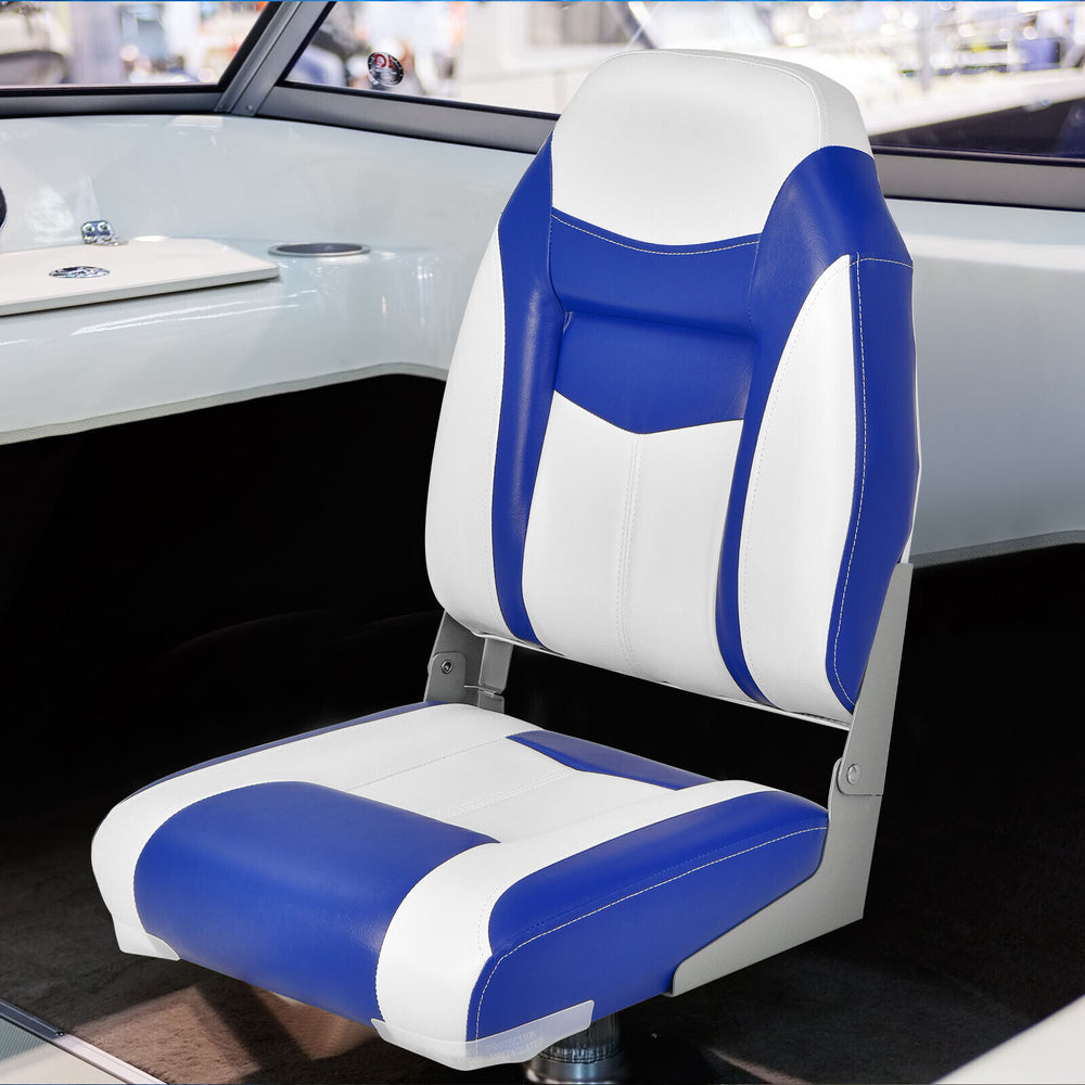 High back folding boat seat in blue and white with sponge cushion, designed for comfort and durability for outdoor use.