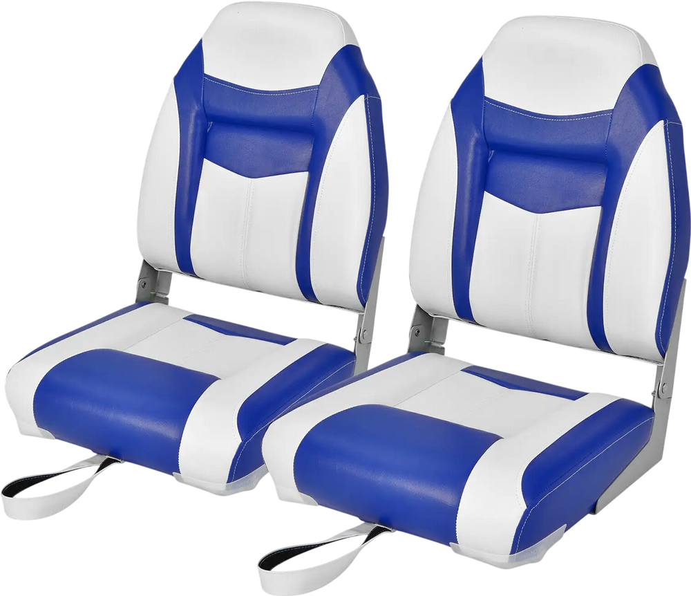 High back folding boat seat set in blue and white with sponge cushion, designed for comfort and durability.