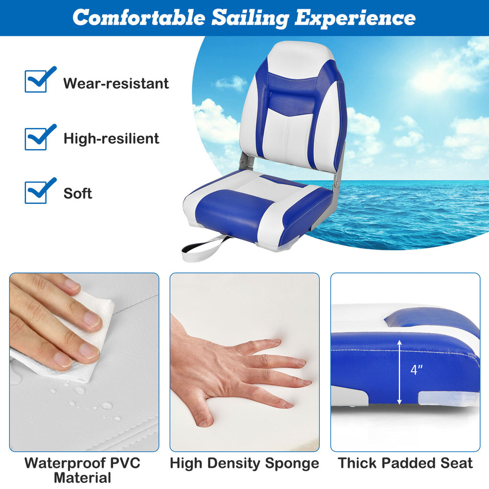 High back folding boat seat set in blue with soft padded seat and waterproof PVC for comfortable outdoor use.