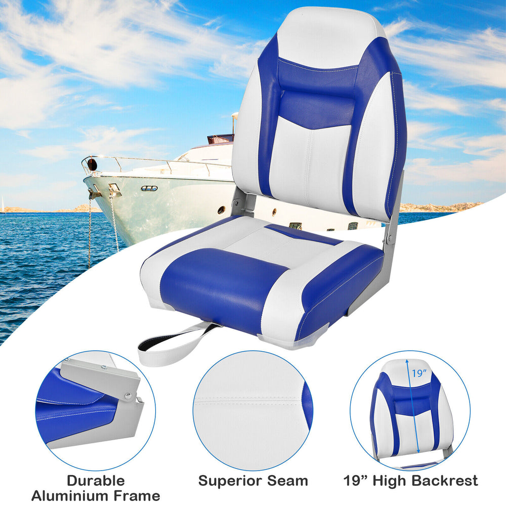 High back folding boat seat in blue with sponge cushion, durable aluminum frame, and ergonomic design for comfort.