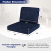 Navy outdoor patio cushion set showing dimensions, featuring removable covers and crafted from breathable olefin fabric.