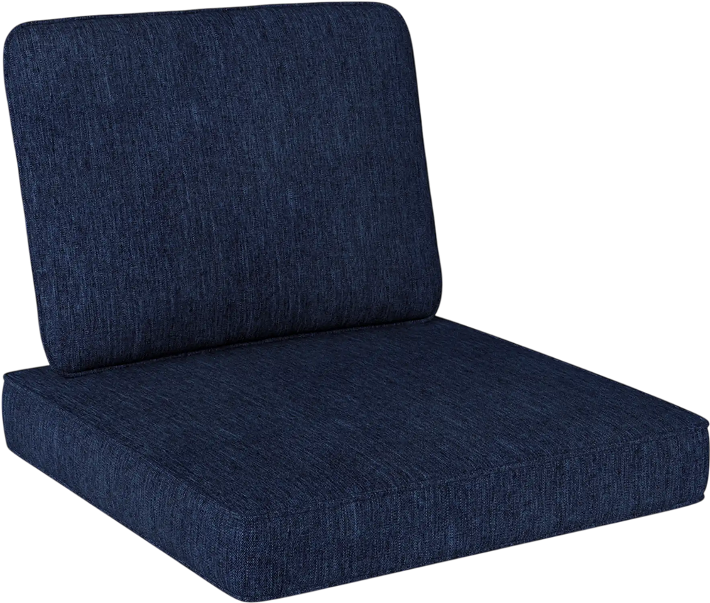Navy outdoor patio cushion set featuring a large seat cushion and back pillow, crafted from breathable, fade-resistant.