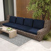 Navy outdoor patio cushion set with removable covers, featuring breathable olefin fabric for comfort and durability.