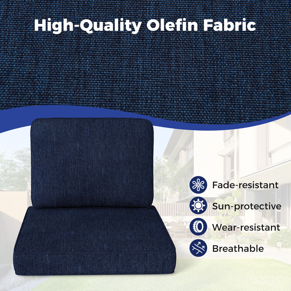 Navy outdoor patio cushion set featuring breathable olefin fabric, fade-resistant, and removable covers for easy.