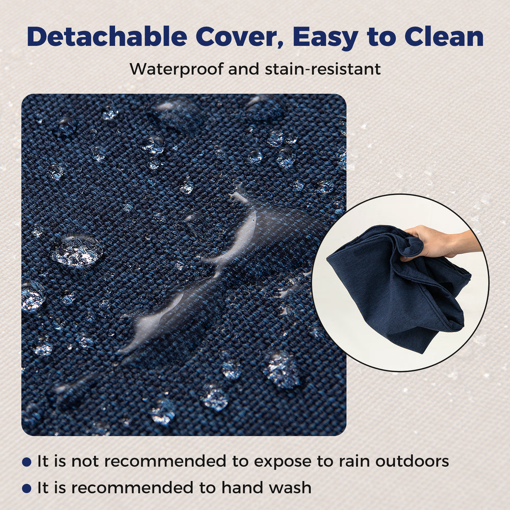 Navy outdoor patio cushion set with removable, waterproof covers, featuring breathable olefin fabric for easy cleaning.