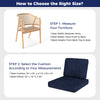 Navy outdoor patio cushion set featuring a large seat cushion and back pillow, crafted from breathable olefin fabric.