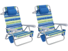 Two Goplus beach chairs in blue with 7-position backrests, cup holders, and cooler bags for outdoor relaxation.
