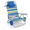 Lightweight Goplus beach chair with a blue striped design, 7-position backrest, cooler bag, and two cup holders for outdoor relaxation.