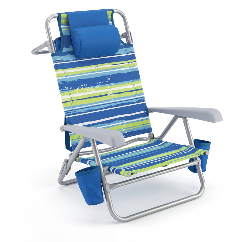 Lightweight Goplus beach chair with a blue striped design, 7-position backrest, cooler bag, and two cup holders for outdoor relaxation.