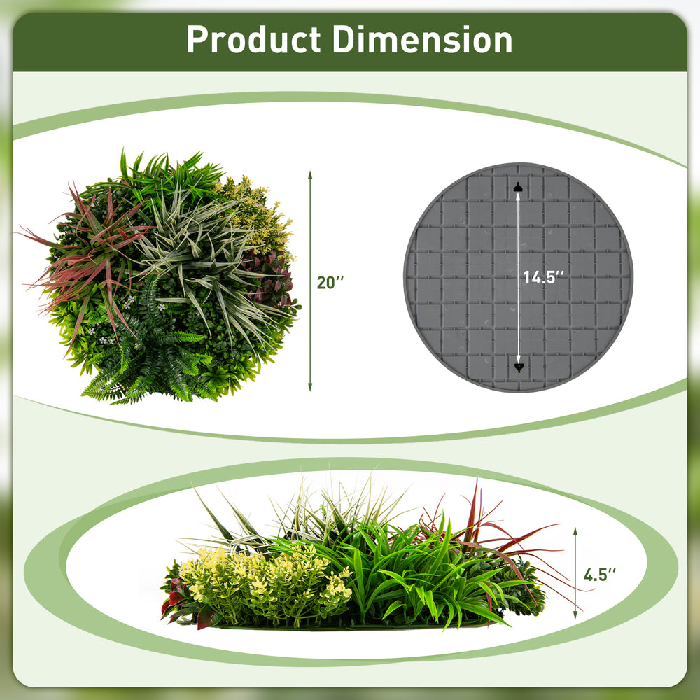 Artificial foliage wall art dimensions showing a 20" round design with vibrant faux plants for indoor and outdoor use.