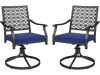Set of two swivel outdoor chairs with navy cushions, featuring a round steel base and ergonomic design for comfort.