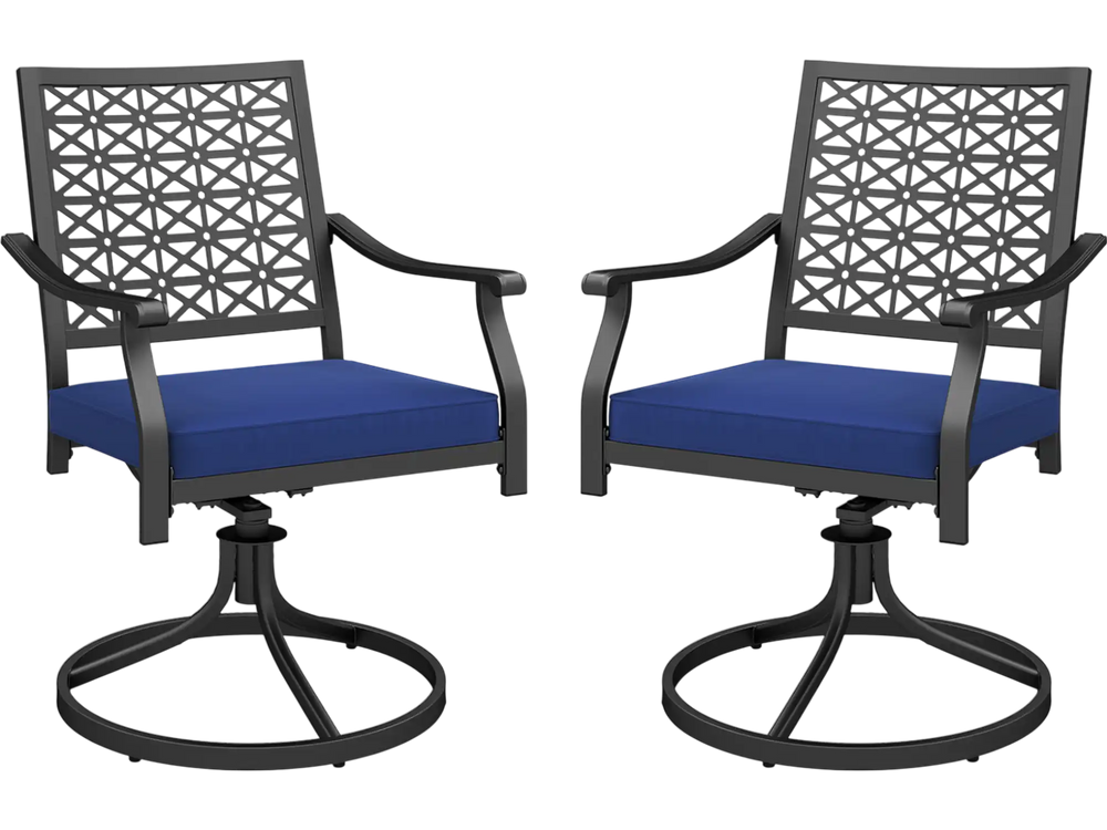 Set of two swivel outdoor chairs with navy cushions, featuring a round steel base and ergonomic design for comfort.