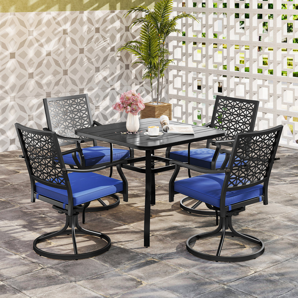 Swivel outdoor chairs with navy cushions and steel base, perfect for backyard or poolside relaxation.