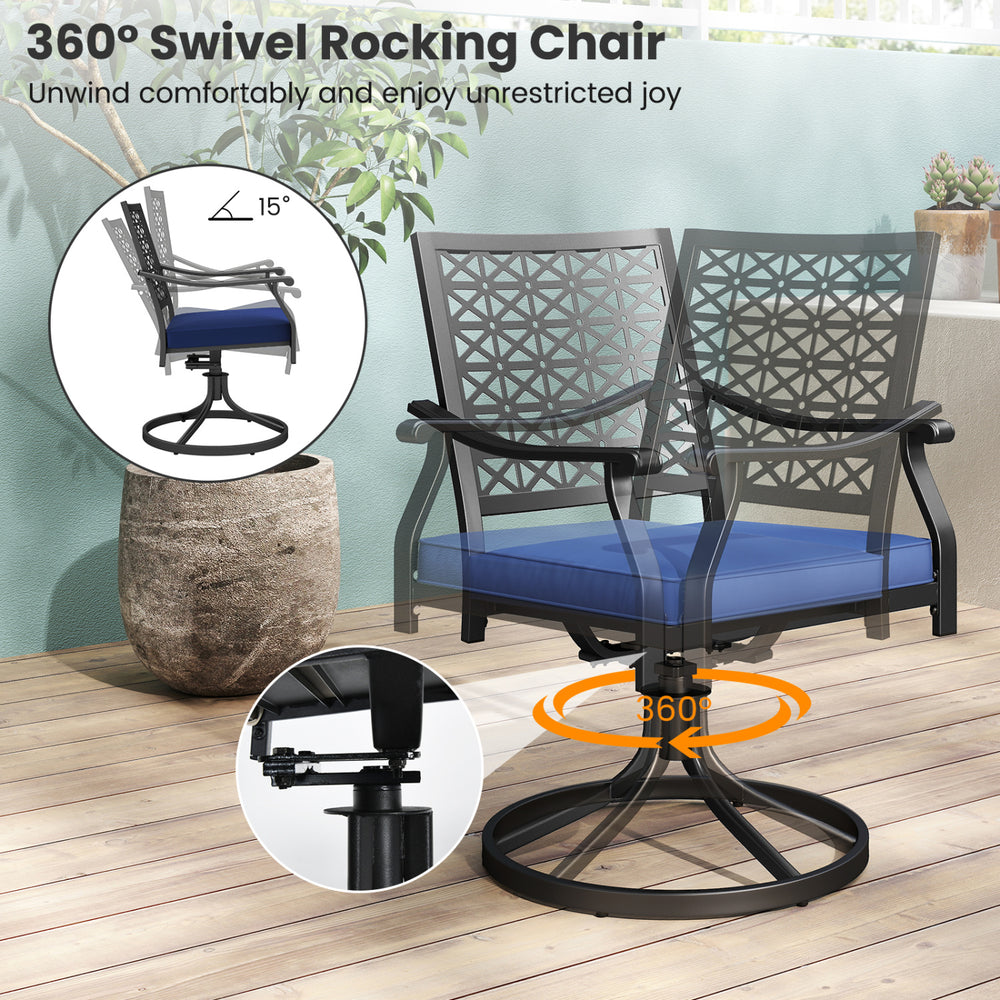 360° swivel rocking chair with navy cushion and steel base, perfect for relaxing on the balcony or poolside.