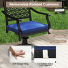 Navy swivel outdoor chair with removable padded cushion, curved armrests, and steel base, ideal for backyard relaxation.