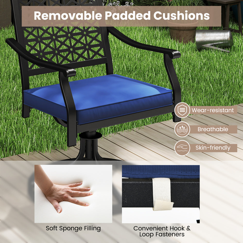 Navy swivel outdoor chair with removable padded cushion, curved armrests, and steel base, ideal for backyard relaxation.