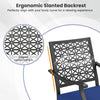 Swivel outdoor chair with ergonomic slanted backrest, soft navy cushion, and round steel base for backyard relaxation.