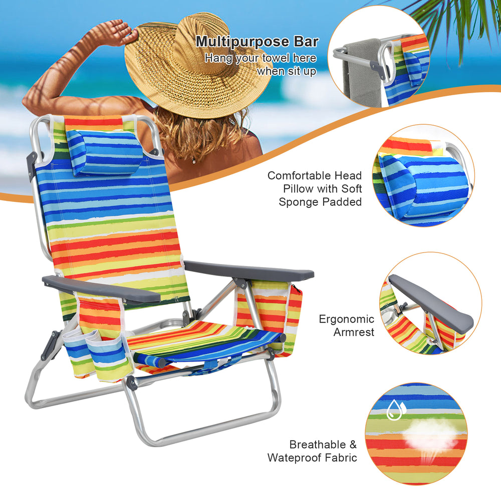 Colorful striped beach chair with ergonomic armrest and soft headrest, ideal for outdoor relaxation and convenience.