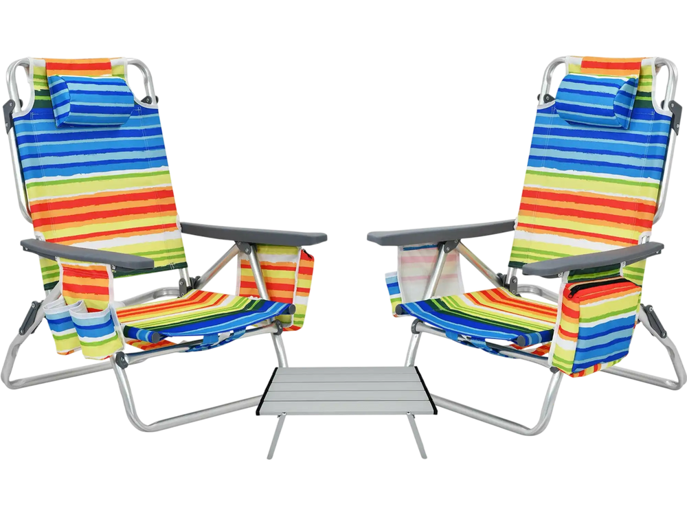 Two colorful folding beach chairs with a side table, featuring a sturdy steel frame and five reclining positions for.