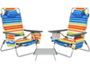 Two colorful folding beach chairs with a side table, featuring a sturdy steel frame and five reclining positions for.