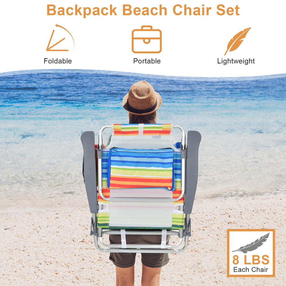 Colorful 5-position folding beach chair set with side table, lightweight and portable for outdoor activities.