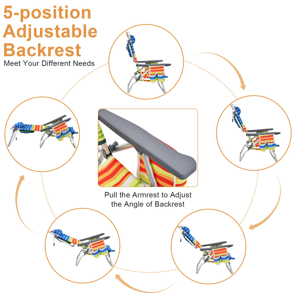 5-position adjustable backrest of a yellow folding beach chair set, ideal for camping and outdoor relaxation.