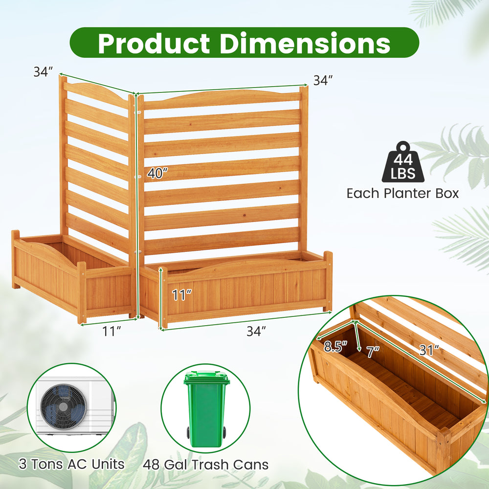 Dimensions of the freestanding outdoor wood privacy screen with planter boxes, crafted from natural fir for stability.