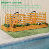 Freestanding outdoor wood privacy screen with slatted panels and built-in planter boxes for concealing AC units.