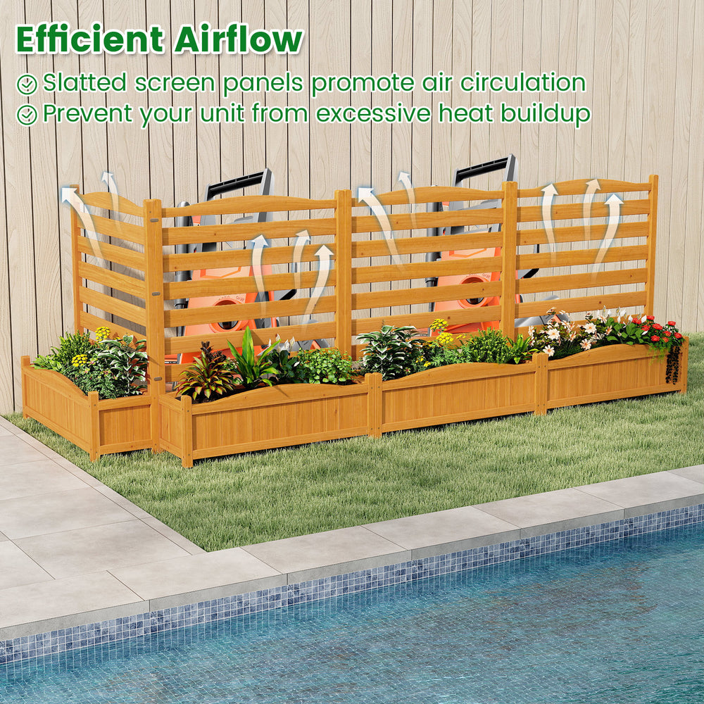 Freestanding outdoor wood privacy screen with slatted panels and built-in planter boxes for concealing AC units.