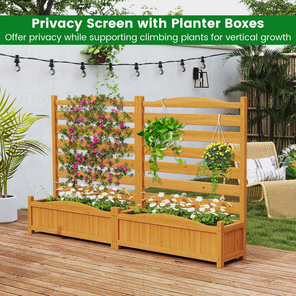 Freestanding 2-panel outdoor wood privacy screen with planter boxes, ideal for supporting climbing plants and enhancing.