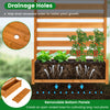 Freestanding outdoor wood privacy screen with planter boxes, drainage holes, and removable bottom panels for plant.